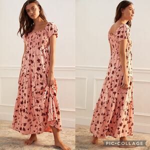Anthropologie Daily Practice Shirred Cap Sleeve Tiered Cotton Floral Maxi Dress